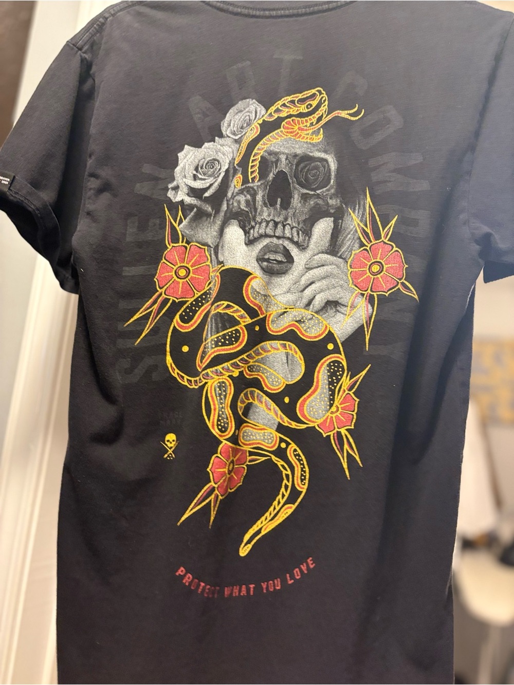 Sullen Black Graphic Tee with Gold Snake and Red Flower Motif medium